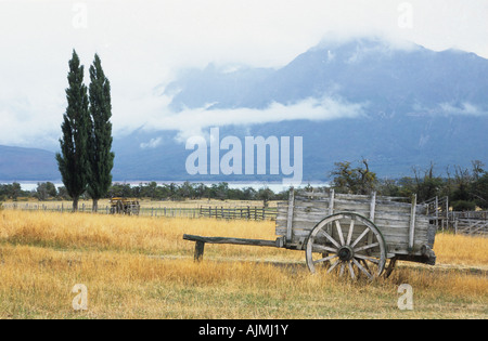 Panier à l'ancienne Estancia Nibepo Aike, sur le lac Argentino en arrière-plan, près d'El Calafate, en Patagonie, Argentine Banque D'Images