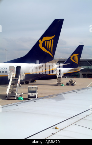 L'empennage de Ryanair avec logo peint sur Boeing 737 avions à l'aéroport de Stansted Essex England UK Europe Banque D'Images