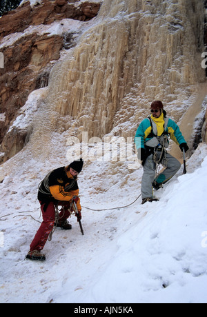 La formation à l'alpinisme et l'Alpinisme Letton Travel Association LACA à Dzilnas falaise dans le Parc National de Gauja Lettonie Banque D'Images