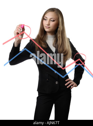 Young attractive businesswoman analyser un graphique dessiné sur un bord de verre Banque D'Images