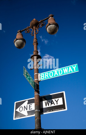 New Yorker typique et panneaux de circulation sur la rue Broadway, NEW YORK, USA. Banque D'Images