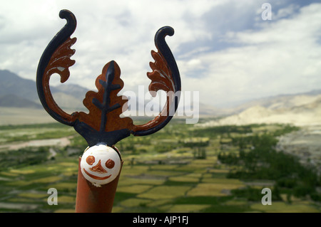 Vallée de l'Indus et smiling skull vue du toit du monastère de Thiksey, Ladakh, Inde. Banque D'Images