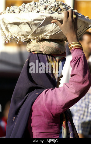 Les femmes indiennes en saris colorés transportant une charge lourde de gravier sur la tête d'efforts at construction site, les constructeurs de l'Inde Banque D'Images