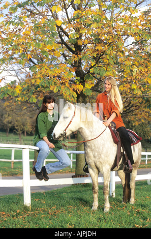 Deux filles et un Cheval poney Island Banque D'Images