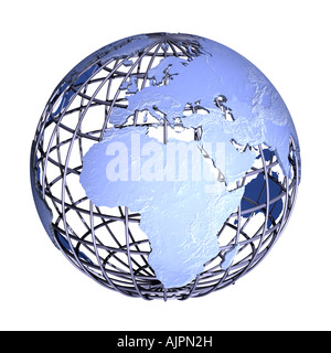 Globe bleu clair sur un fond blanc. L'Europe, l'Afrique et certaines parties de l'Asie sont visibles. Banque D'Images