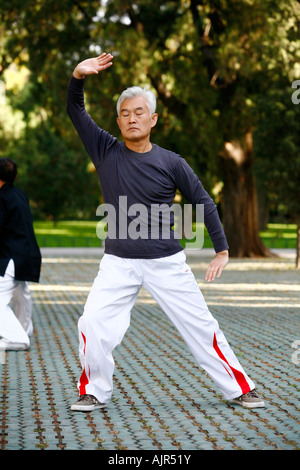 Man practicing Tai Chi en début de matinée au Temple du Ciel, Beijing Chine Banque D'Images