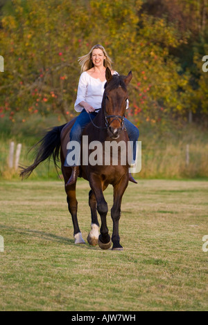 Une jolie jeune femme montant un cheval bareback au cours de l'automne avec un verger à l'arrière-plan Banque D'Images