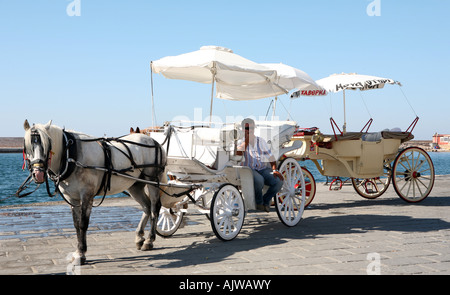 Un cheval et un chariot conducteur à Hania Crete, attend un tarif. Promenades en calèche dans la vieille ville historique sont populaires auprès des touristes. Banque D'Images