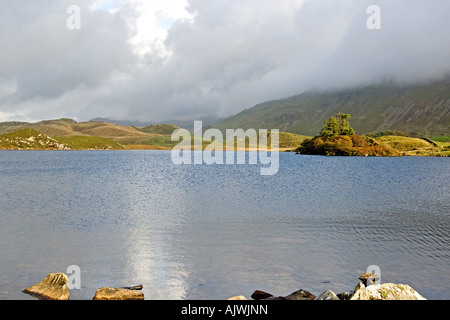 Réflexion sur le lac en Cregennan Llynnau Snowdonia. Banque D'Images