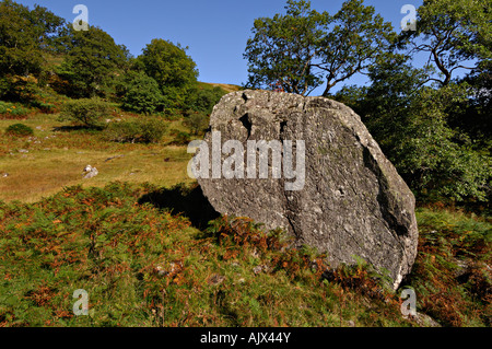 Glen Lochay au début de l'automne avec un bois parsemé de compensation avec de grands blocs aléatoires avec des arbres derrière le Perthshire Scotland UK Banque D'Images