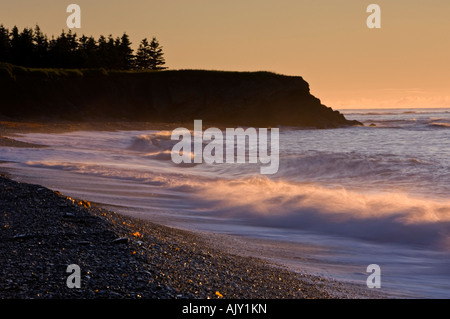 En surf léger Golfe du Saint-Laurent plage avec pointe dans la lumière du matin, le parc national Forillon, QUÉBEC Québec, Canada Banque D'Images