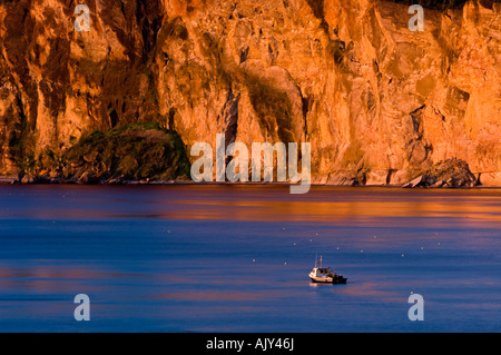 Falaises de Cap-Bon-Ami et bateau de crabe à l'aube, le parc national Forillon, QUÉBEC Québec, Canada Banque D'Images