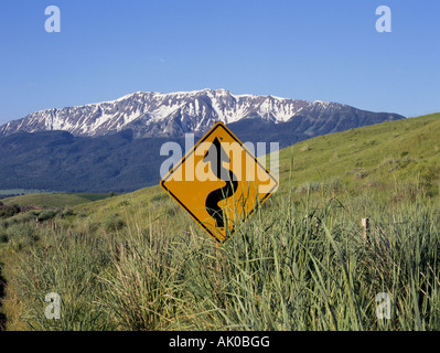 Route sinueuse dans les montagnes Wallowa signe avec en arrière-plan de l'Oregon Joseph Banque D'Images