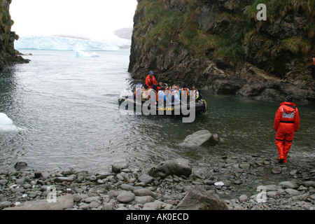 Les passagers en provenance de terres Zodiac bateau de croisière antarctique dans Cave Cove sur l'île de Géorgie du Sud où Shakleton a atterri Banque D'Images