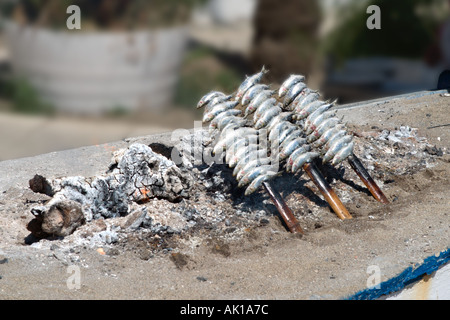 Les sardines grillées sur un feu ouvert en face d'un beachront restaurant, Fuengirola, Costa del Sol, Andalousie, Espagne Banque D'Images