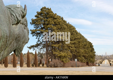 Sculpture au Parc des pionniers de bison avec State Capitol tower à distance Lincoln Nebraska USA Banque D'Images