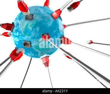 3D illustration d'un grand nombre de connecteurs de câble réseau le branchement sur un globe terrestre bleu Banque D'Images