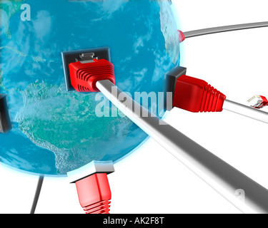 Les connecteurs de câble réseau le branchement sur un globe terrestre bleu Banque D'Images