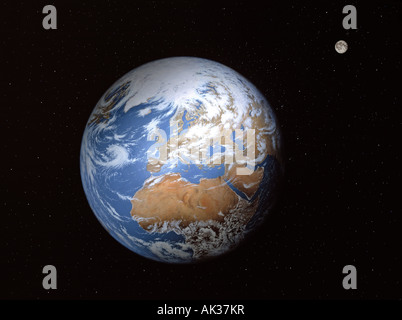 Peinture de la planète terre montrant l'Arctique, l'Europe, le Moyen-Orient et l'Afrique avec la lune. Banque D'Images