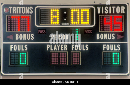 Tableau électrique dans un San Clemente, California USA high school sport affiche les scores de l'équipe d'accueil et une équipe visiteuse Tritons Banque D'Images