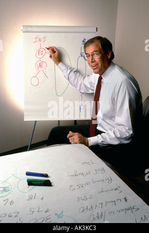 Un consultant d'affaires explique le flux de travail à l'aide de différents chemins de couleur tiré sur un châssis d'un tableau de l'Irvine, California USA Banque D'Images