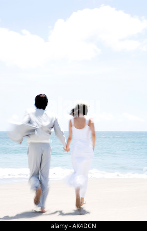 Mariée et le marié s'exécutant sur la plage, vue arrière Banque D'Images