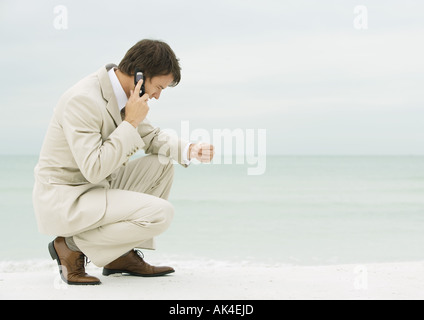 Businessman using cell phone on beach, à la recherche de coquillage Banque D'Images