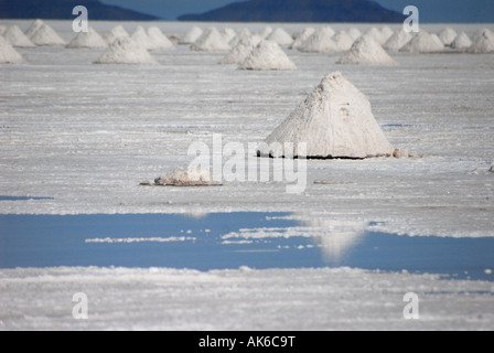 Des monticules de sel sont entassés par les sections locales à sécher sur le Salar de Uyuni Uyuni, Bolivie, près de l'Amérique du Sud. Banque D'Images