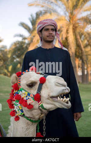 La culture arabe, Smiling Young Arabian chamelier décorées avec des motifs de l'hôtel Camel en Oman, Émirats arabes unis, Banque D'Images