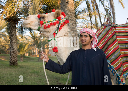 La culture arabe, Smiling Young Arabian chamelier décorées avec des motifs de l'hôtel Camel en Oman, Émirats arabes unis, Banque D'Images