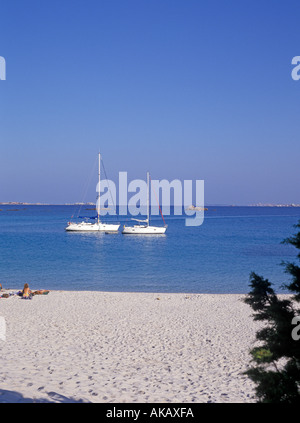 Deux yachts ancrés par beach avec des gens en train de bronzer sur une plage en premier plan Corse Banque D'Images