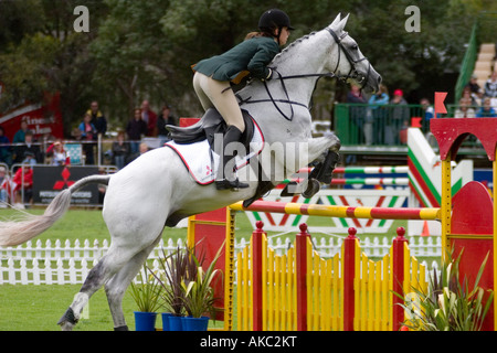 Saut à cheval gris en clôture d'événement International Horse Trials en Australie en format horizontal Banque D'Images