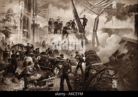 USS Hartford (gauche) feu sur le CSS Alabama de fer vêtu à la bataille de la baie de Mobile, le 5 août 1864. Banque D'Images