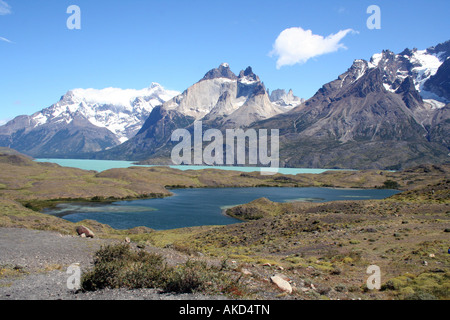 Lac d'eau de glacier dans le Parc National Torres del Paine, près de Puerto Natales, au Chili, en Patagonie avec la Cordillère Paine derrière elle. Banque D'Images