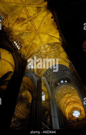 Plafond orné dans la Cathédrale de Séville, Séville, Andalousie, espagne. Banque D'Images
