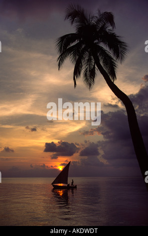 Dhoni (bateau maldivien) au coucher du soleil. L'île de Meerufenfushi, North Male Atoll, Maldives. Banque D'Images