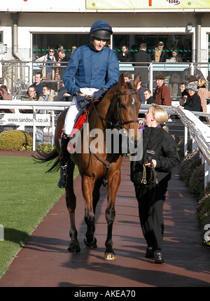 JP Magnier sur Rhinestone Cowboy s'entretient à son gestionnaire dans la parade à Sandown Park Banque D'Images