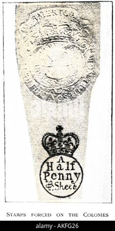 Un timbre forcé l'Angleterre sur les colonies en vertu de la Loi sur les timbres avant la Révolution américaine. Demi-teinte de couleur à la main Banque D'Images