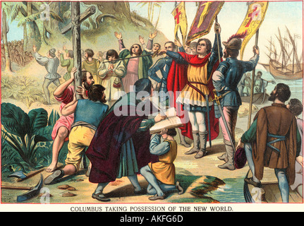 Christopher Columbus prendre possession du nouveau monde pour l'Espagne 1492. Lithographie couleur Banque D'Images