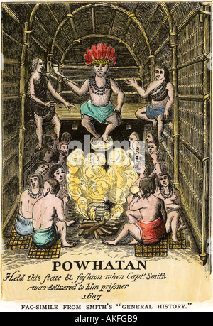 Chef Powhatan père de Pocahontas dans la colonie de Virginie en 1607. À la main, gravure sur bois Banque D'Images