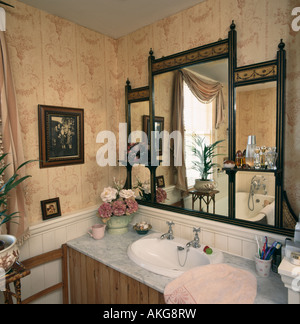 Miroir trumeau ancien bassin recouvert de marbre au-dessus de lavabo dans la salle de bain, papier peint neutre Banque D'Images