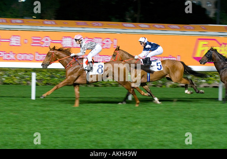 Y. T. Cheng sur 'Matiri King' menant la course numéro cinq sur l'hippodrome de Happy Valley à Hong Kong le 21 mars 2007. Banque D'Images