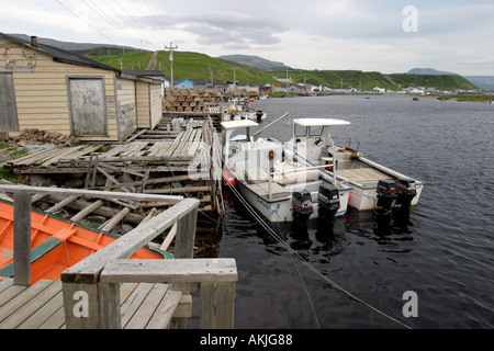 Petits bateaux de pêche amarrés à un quai dans le port de Trout River, sur la côte ouest de Terre-Neuve, Canada Banque D'Images