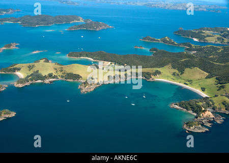 Vue aérienne de la baie des îles à partir d'un petit avion, Northland, North Island, New Zealand Banque D'Images