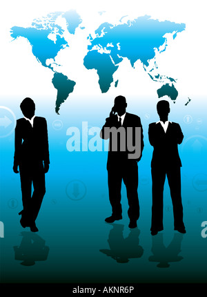 Trois hommes d'affaires dans un contexte mondial en bleu et noir Banque D'Images