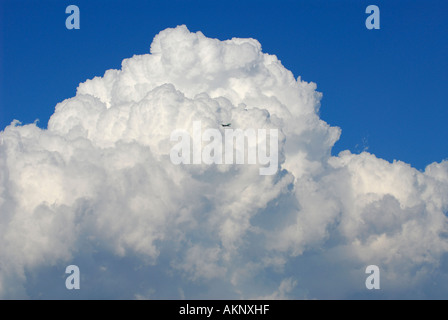 Air Canada Jazz petit avion à réaction parmi de grands nuages Cumulonimbus et bleu ciel Banque D'Images