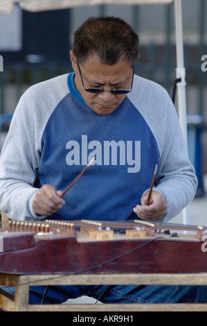 La lecture d'un homme chinois Yang Qin ou dulcimer chinois au Festival d'Edimbourg, Ecosse, Edinbugh Banque D'Images