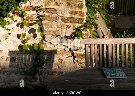 Meubles de jardin en premier plan avec de vieux mur derrière brich livre sur tableau Banque D'Images