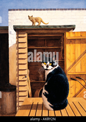 Artwork. Peinture de chat noir et blanc et le gingembre chaton dans ouutdoors par jardin hangar en bois.toolshed Banque D'Images