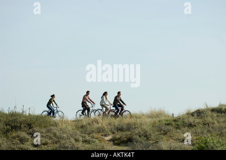 Groupe d'amis du vélo à travers les dunes, side view Banque D'Images